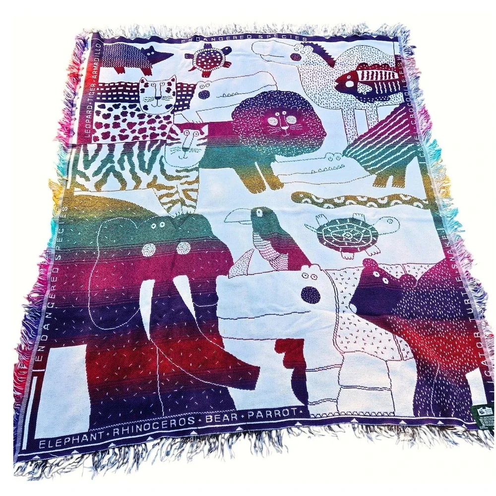 Vintage Goodwin Weavers 48x60 Endangered‎ Species Woven Cotton Throw Blanket